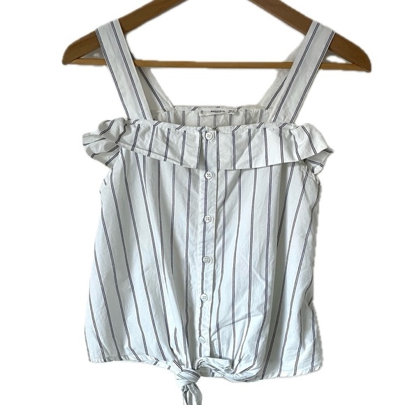 Mango White Black Striped Ruffled Cami Top Tank Blouse Button Women’s Size 2 - Picture 2 of 8